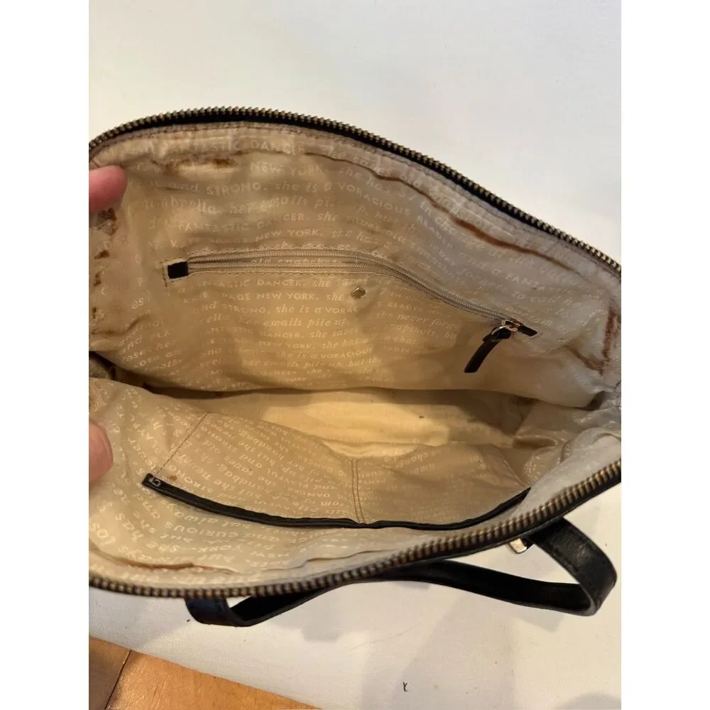 Kate Spade Bow Tile Maisie Satchel Handbag Top Zip Black Beige